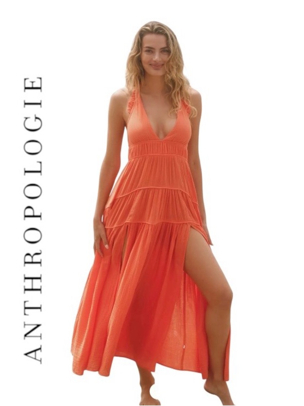 Anthropologie Celandine Coral Halter Sleeveless Plunge Midi Dress Size XL NWT